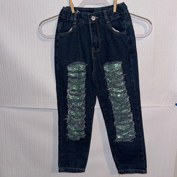 Aqua Sequin Distressed Skinny Leg Jeans Girls Size 2XL (6/7) - Picture 1 of 5